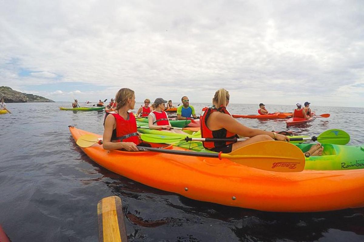 een groep mensen in kajaks op het water