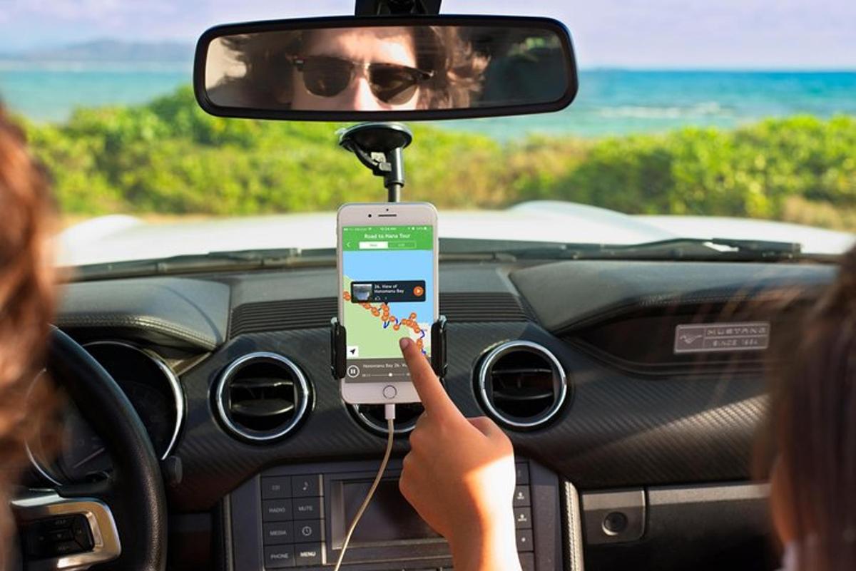 osoba držící mobilní telefon v autě
