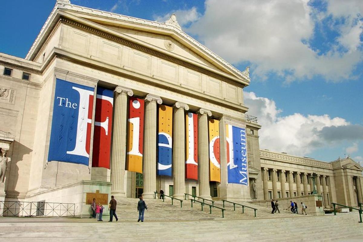 a building with colorful banners on the side of it
