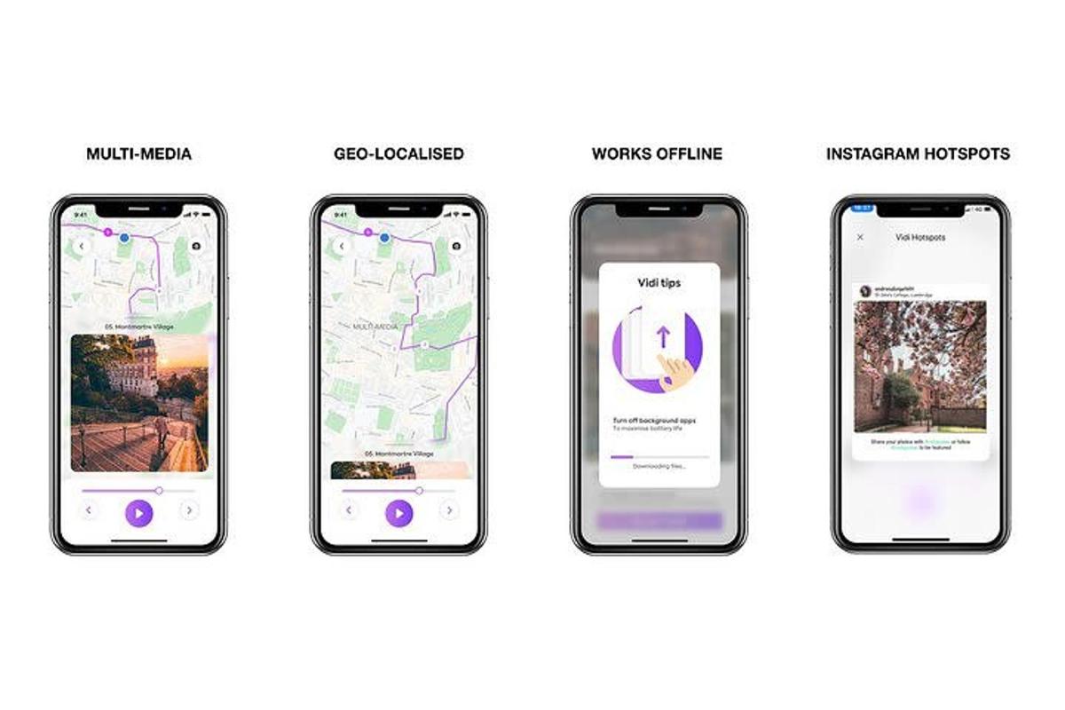 hópur af fjórum iPhone-símum með mismunandi öppum á þeim