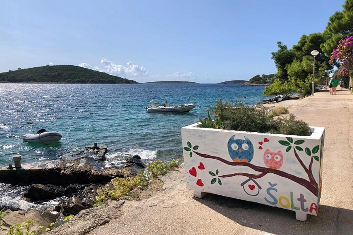 a bench with owls painted on it next to a body of water