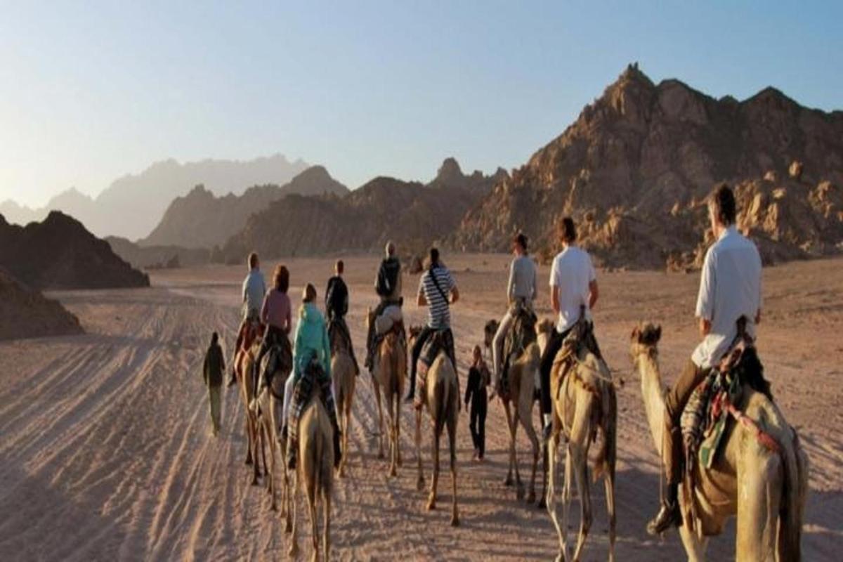 a group of people riding horses in the desert