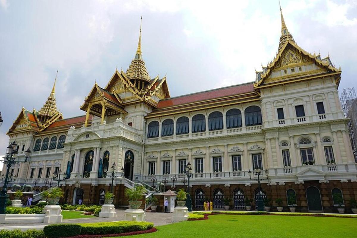 a large building with gold domes on top of it