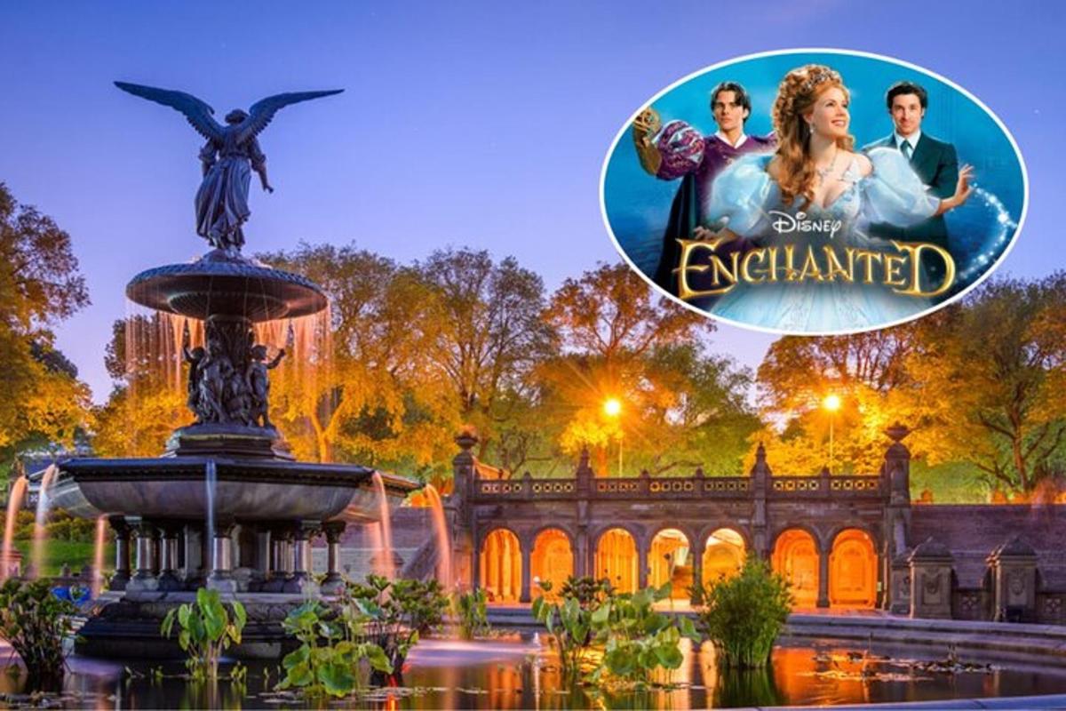 a picture of disney enchanted with a fountain in front of a building