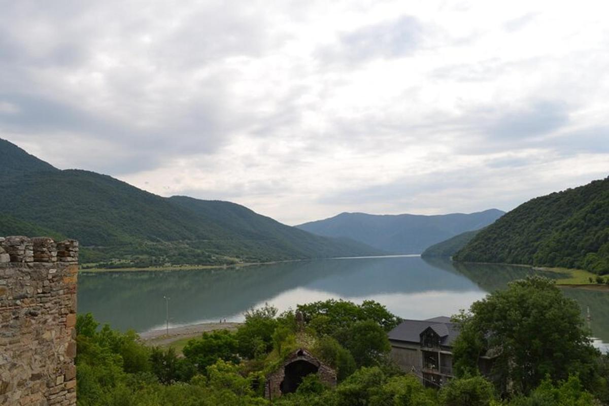 Una vista de un lago con montañas al fondo.