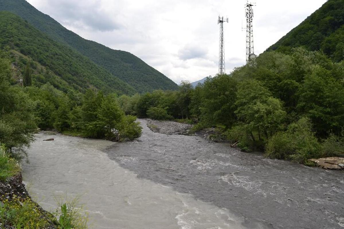 un fiume con alberi sul fianco di una montagna