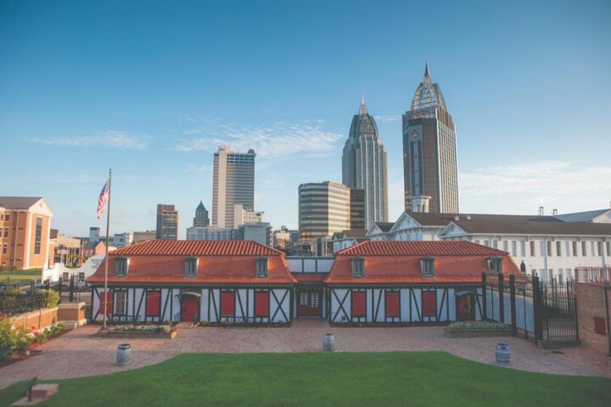 a view of a building with a city in the background
