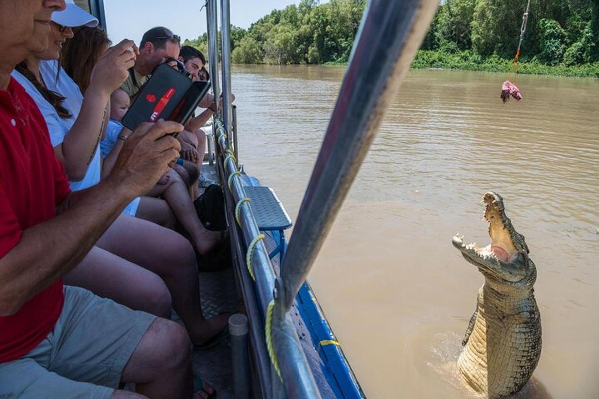 a crocodile standing in the water next to people on a boat
