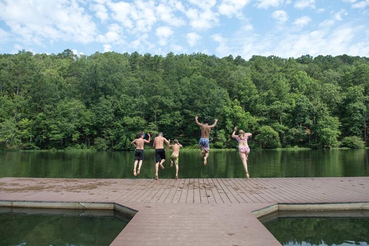 a group of people jumping into a body of water