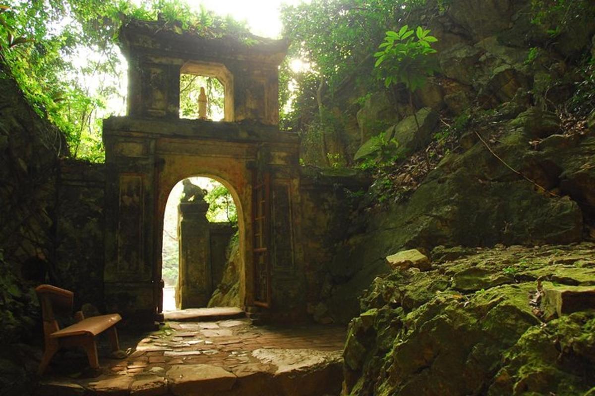 ein steinerner Torbogen mit einer Bank in einem Wald