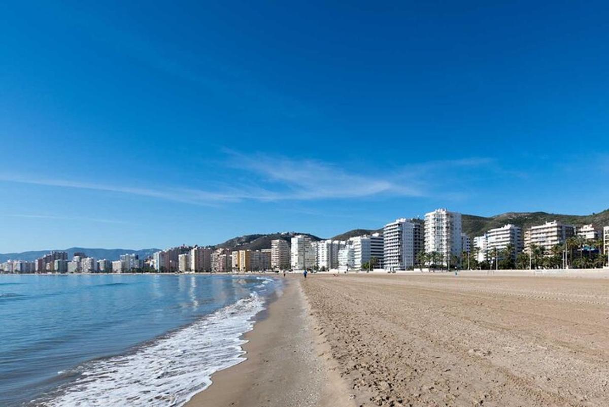 Una vista de una playa con edificios al fondo.