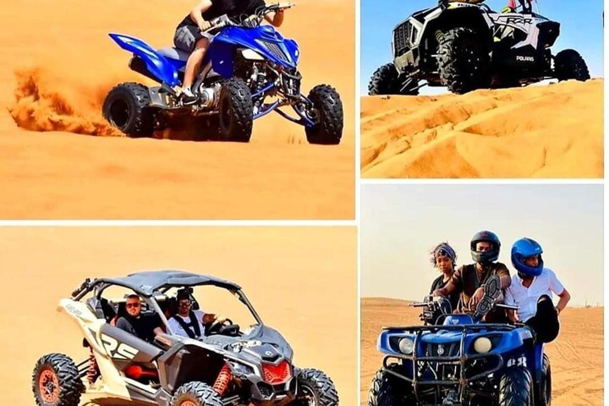 four pictures of people riding atvs in the desert