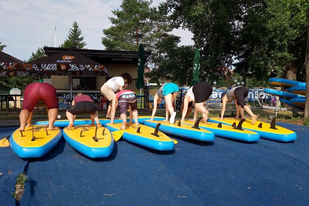 un gruppo di persone sulle tavole da surf in una palestra