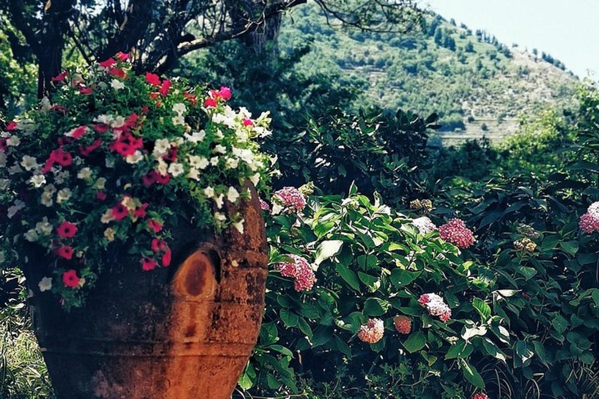 um grande vaso de flores cheio de flores rosas e brancas