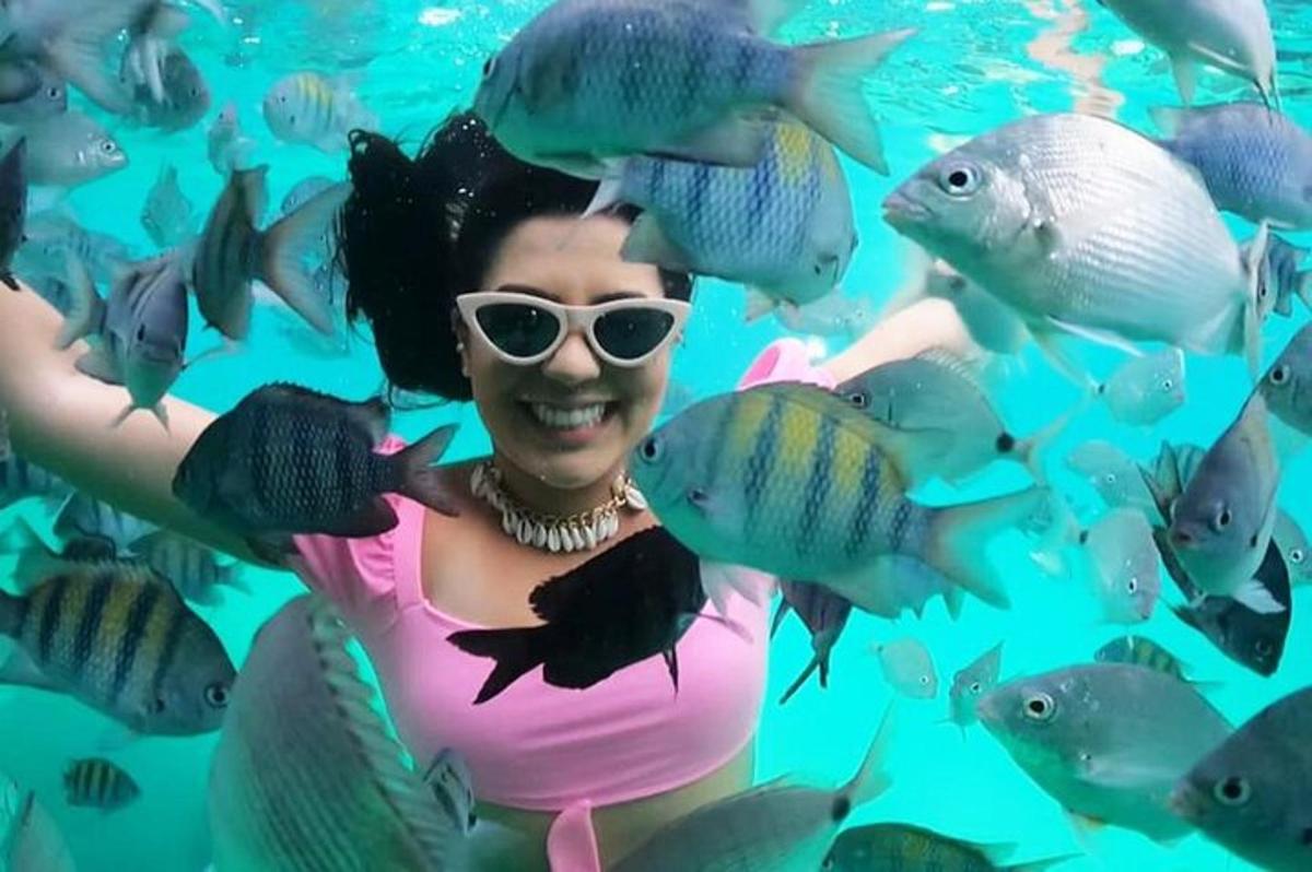 una dona en un aquari amb un grup de peixos