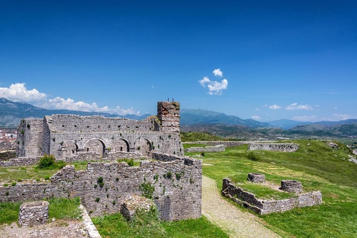 un castel vechi pe un deal cu munți în fundal