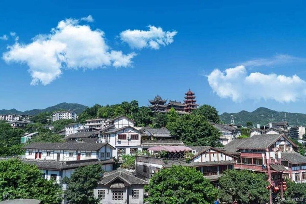 a group of houses on a hill with trees