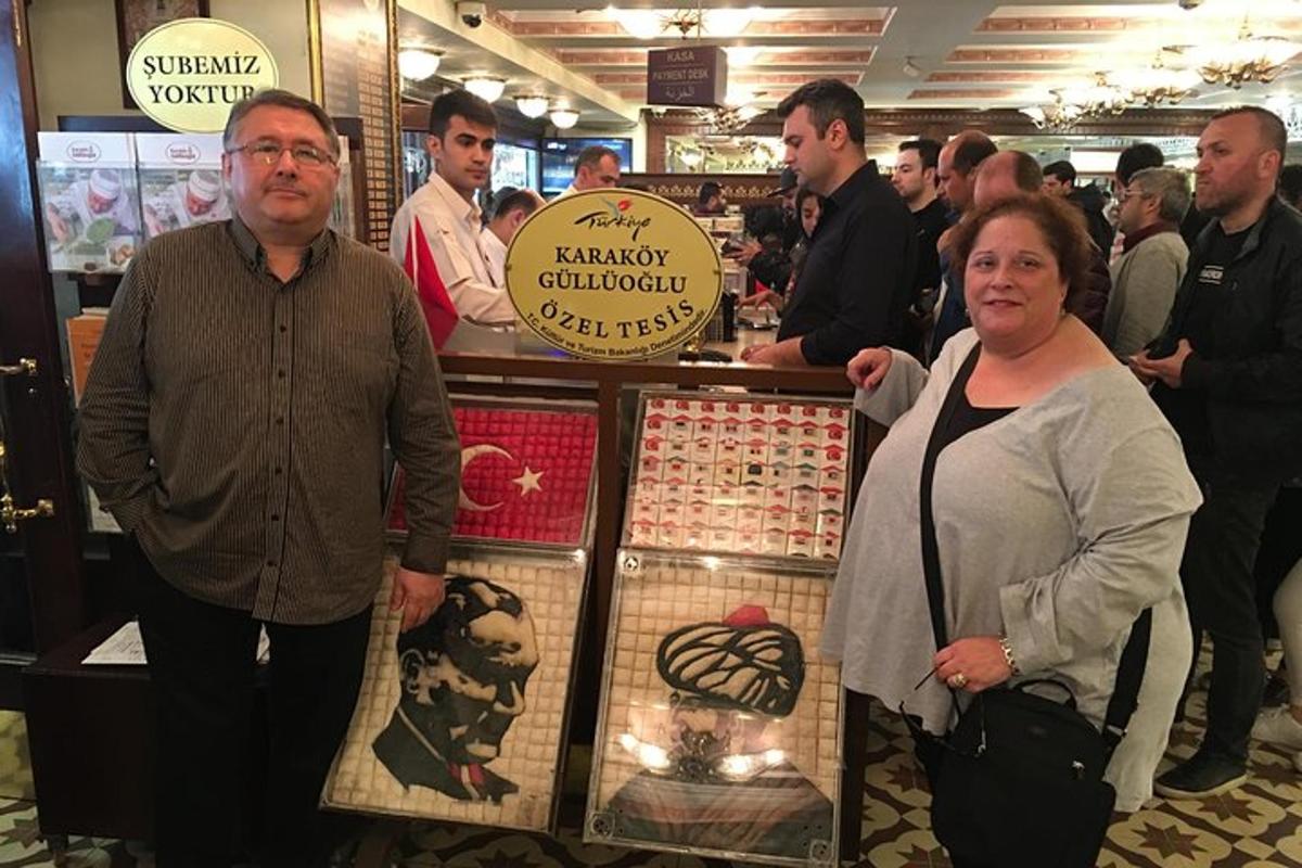 a man and a woman standing in front of a store