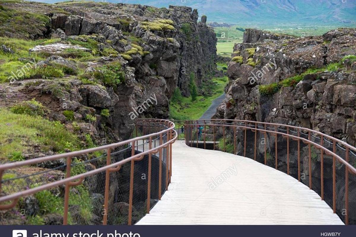 a wooden boardwalk on a mountain with a path