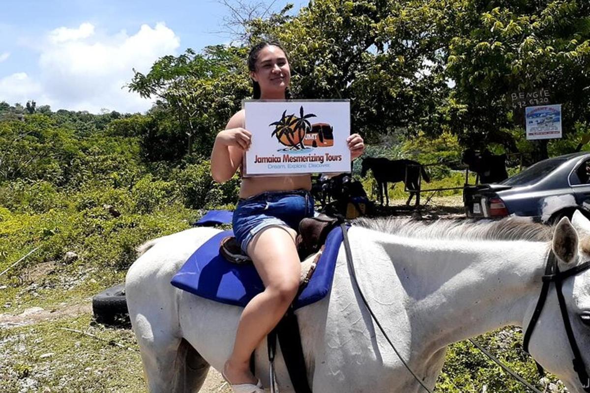 una persona seduta su un cavallo che tiene in mano un cartello