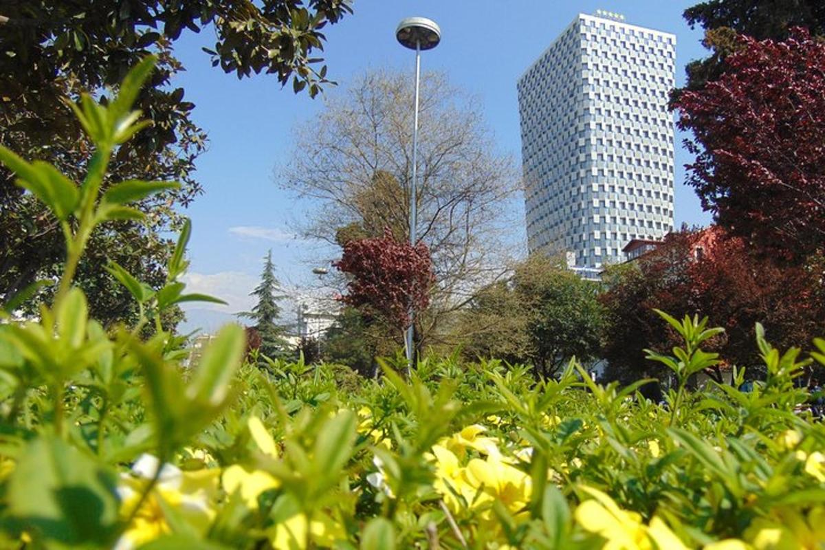 vista de um parque com um edifício ao fundo