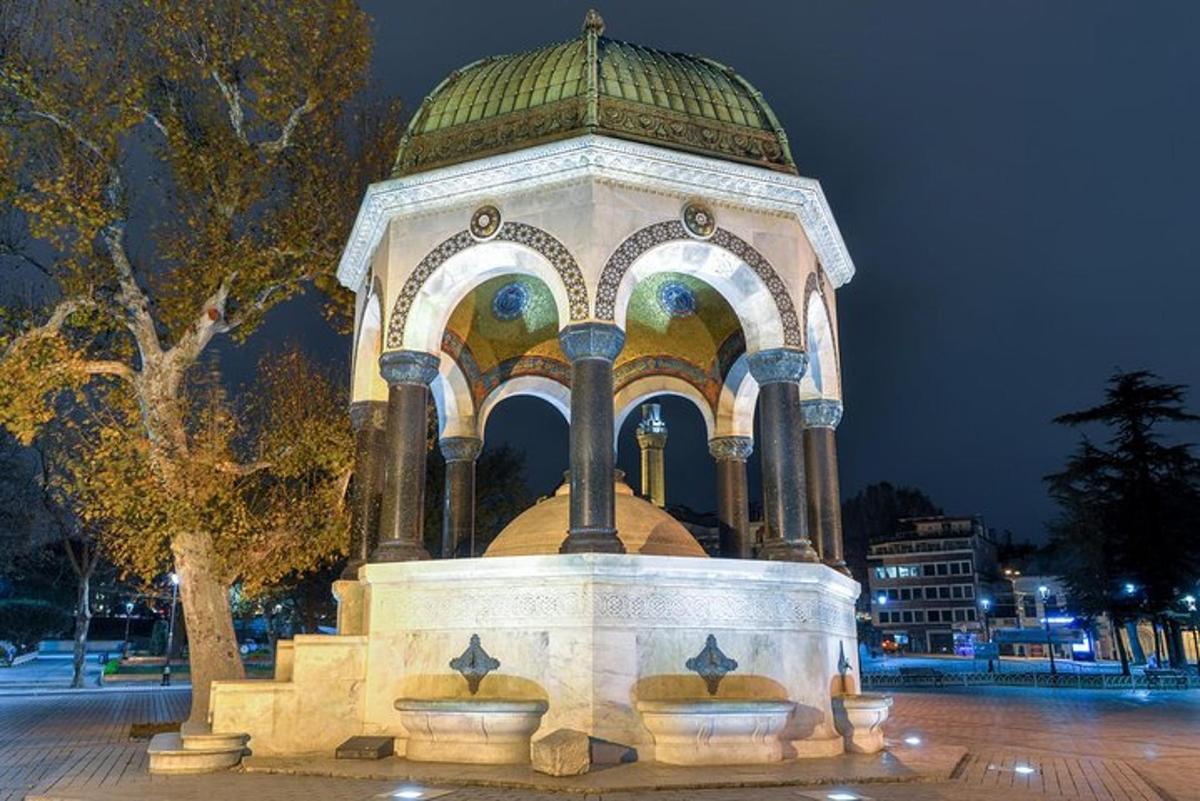 un gazebo con una fontana in un parco di notte
