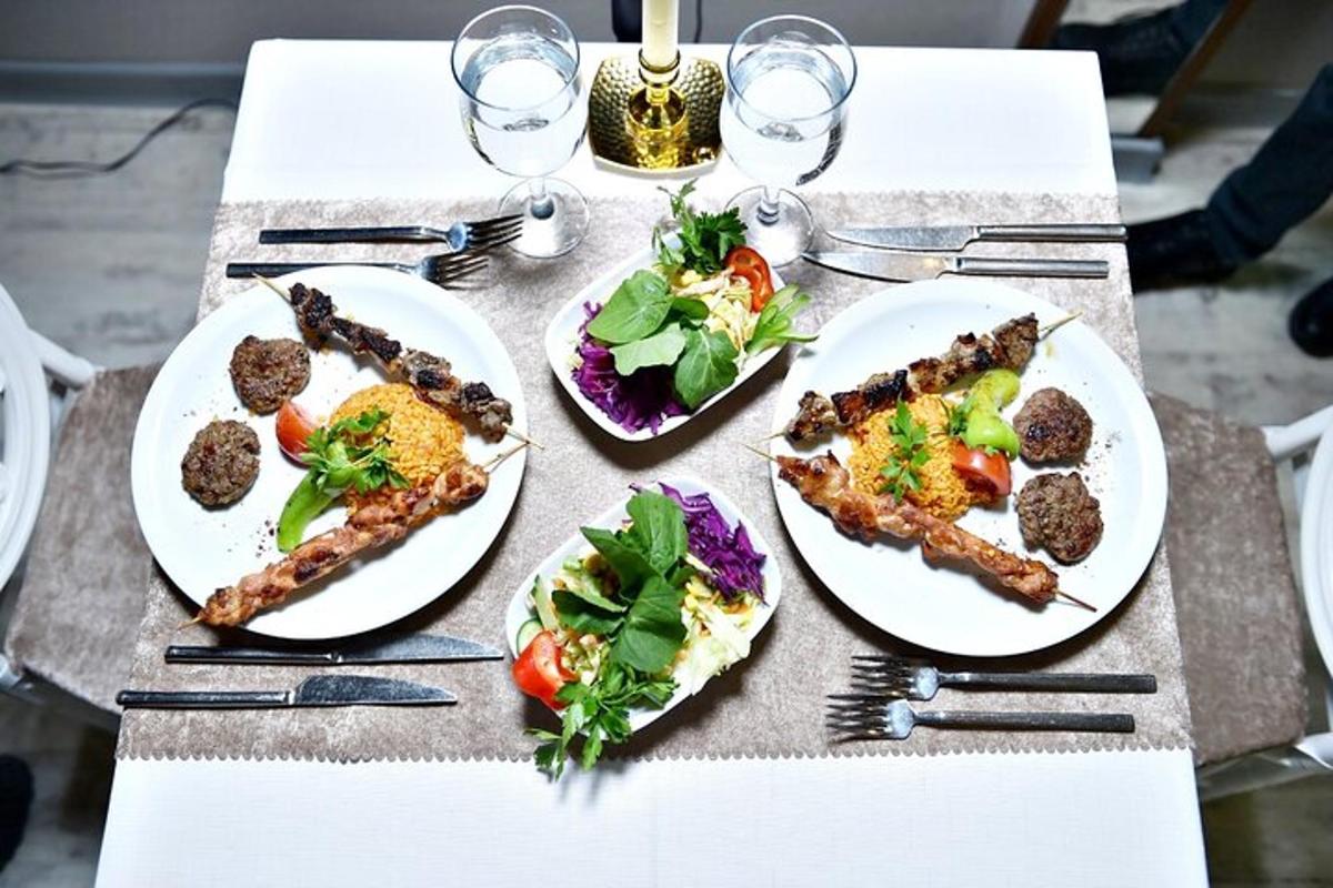 a table with three plates of food on it