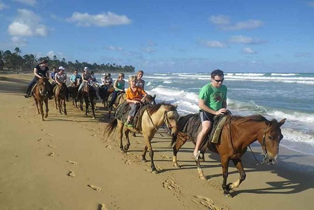 a group of people riding horses on the beach