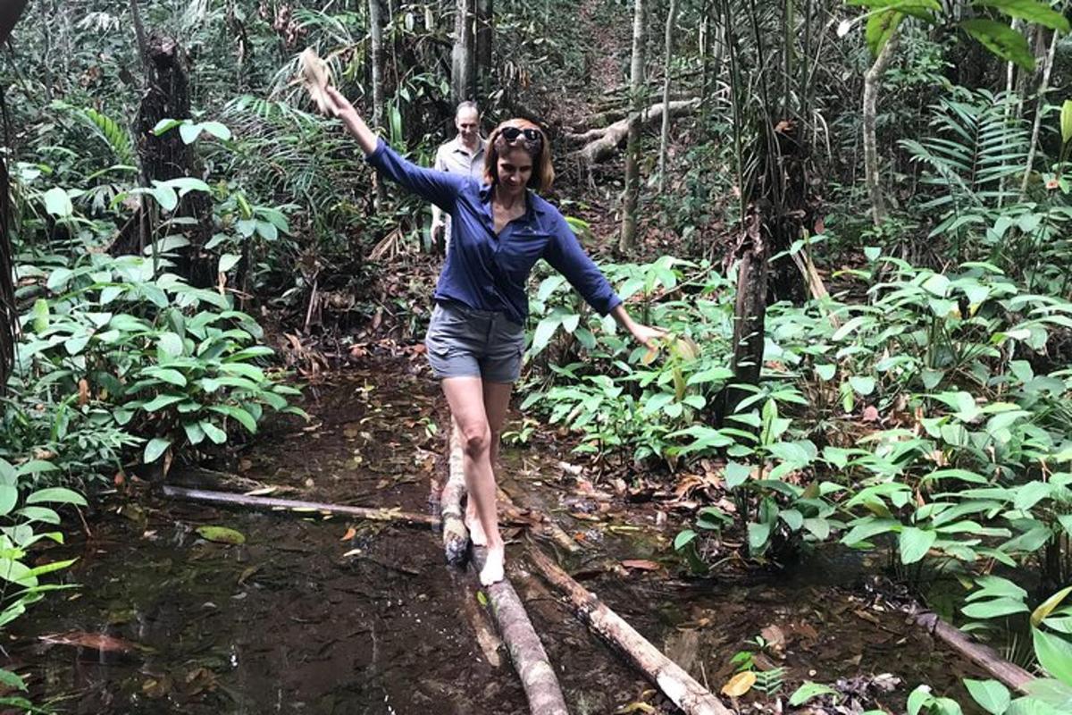 a woman walking across a bridge in the forest