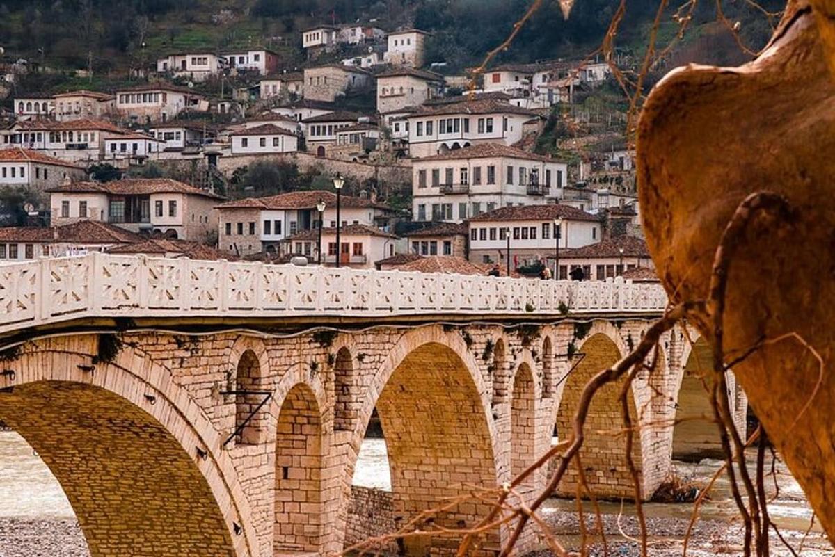 جسر فوق نهر مع بلدة في الخلفية