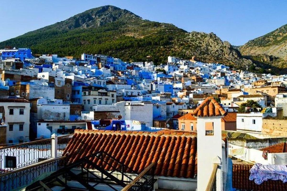 a view of a city with blue buildings and mountains