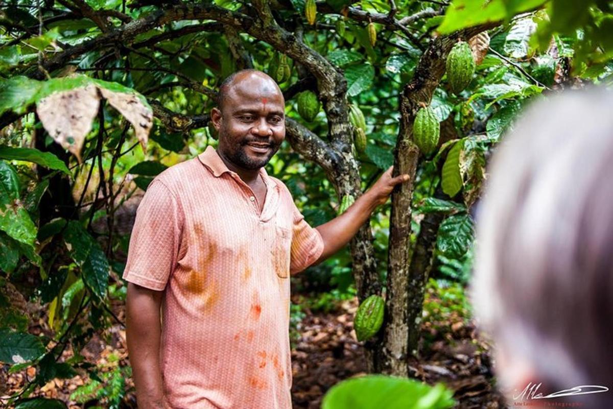 a man standing next to a tree in a forest