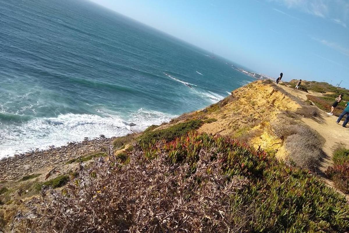 un gruppo di persone in piedi su una scogliera vicino all'oceano
