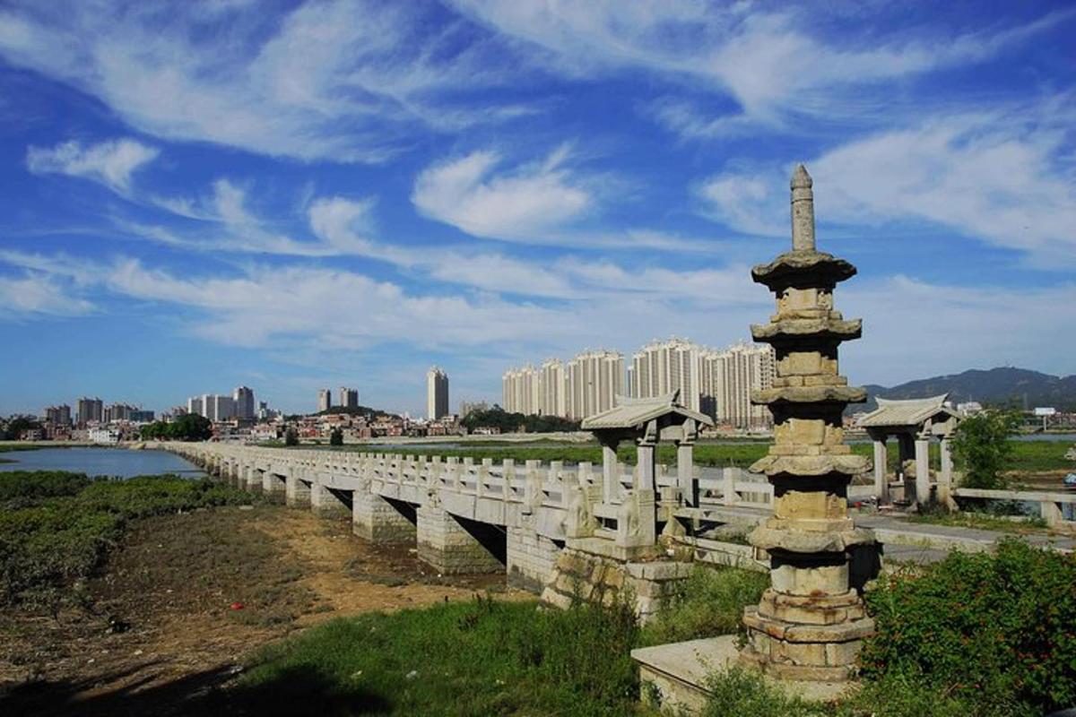 a bridge over a river with buildings in the background