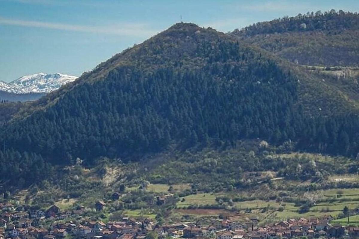uma vista de uma montanha com árvores e uma cidade