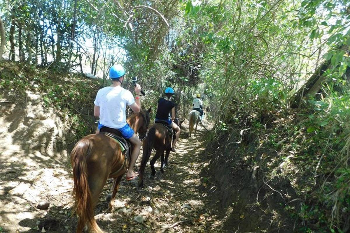 a group of people riding horses down a trail