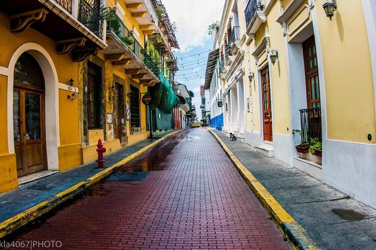 an empty city street with a red fire hydrant in the middle