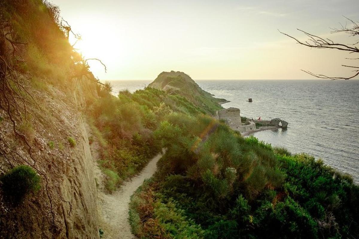 ein Weg auf einem Hügel neben dem Meer