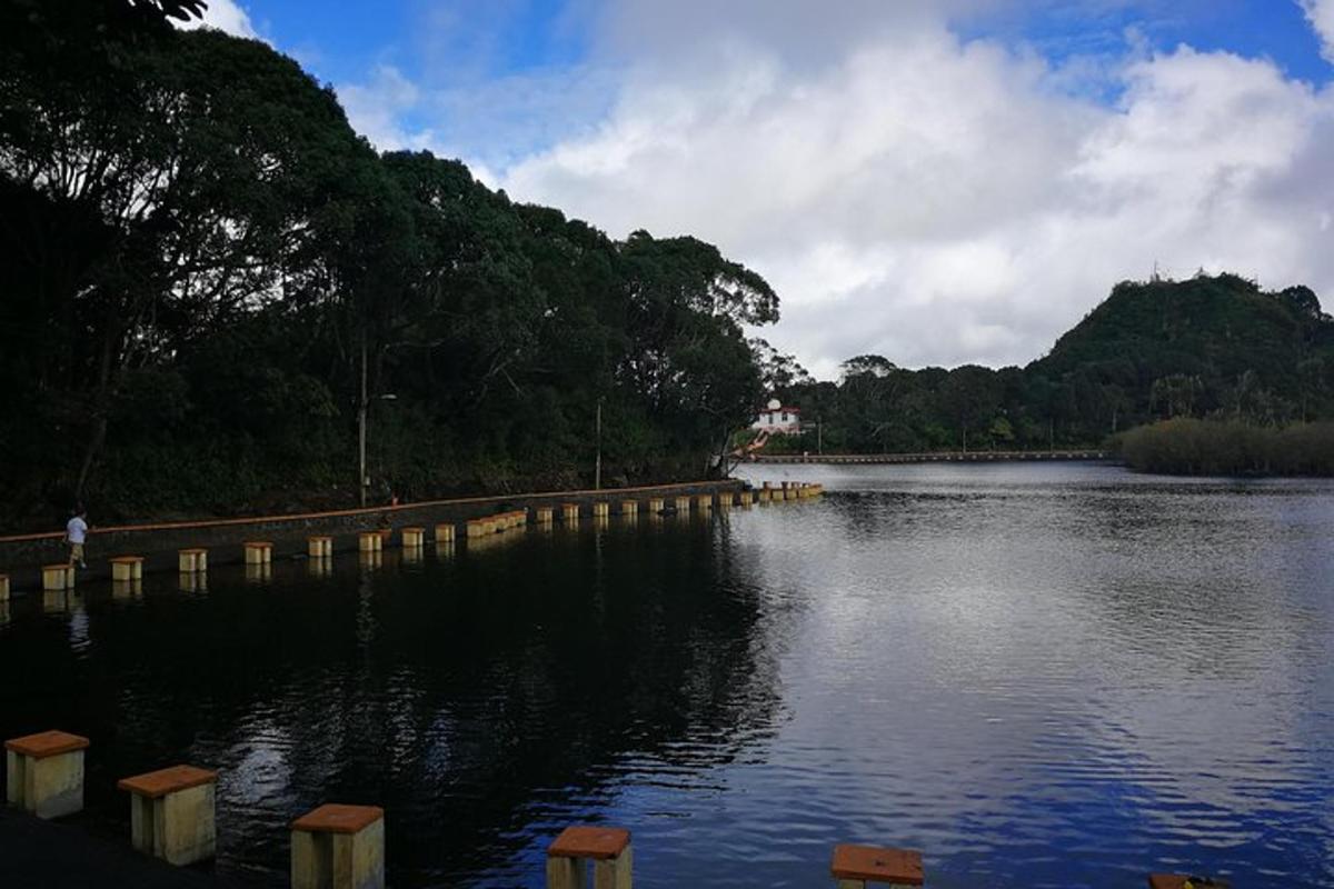 un grande specchio d'acqua con alberi e un ponte
