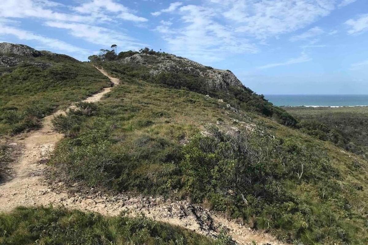 a trail on a hill with the ocean in the background
