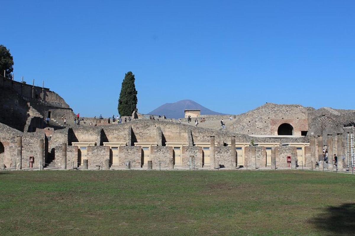 Un anfiteatro con un campo de césped delante.