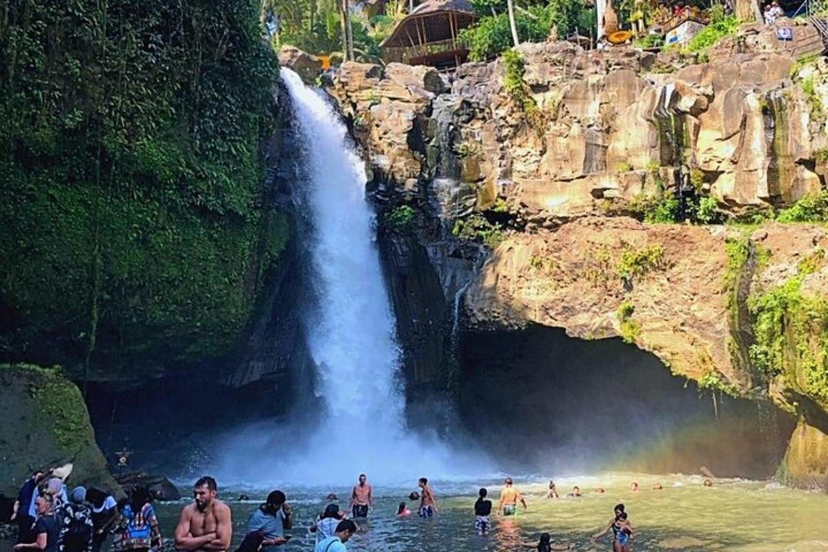 um grupo de pessoas na água de uma cachoeira