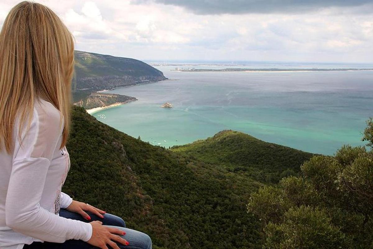 en kvinne som sitter på en høyde og ser på havet