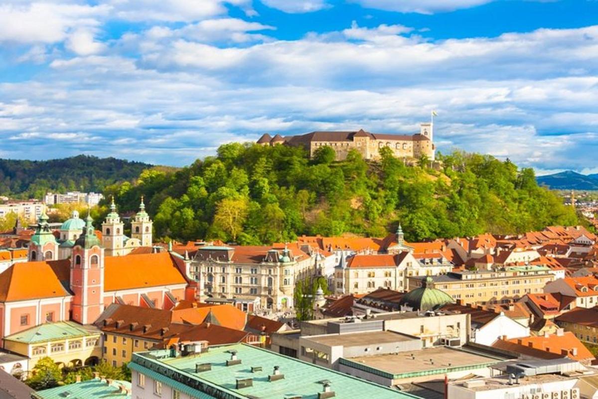 o vedere a unui oraș cu un castel pe un deal