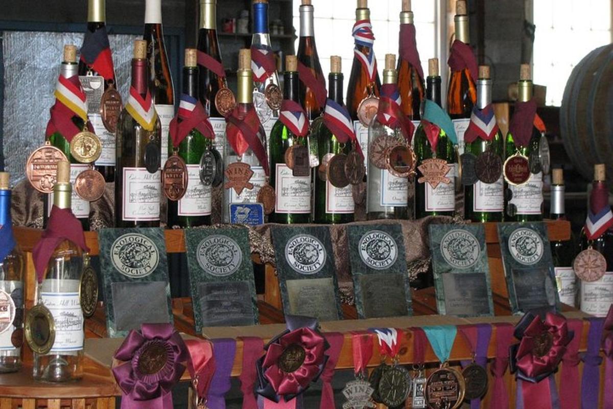um monte de garrafas de vinho em uma mesa com medalhas