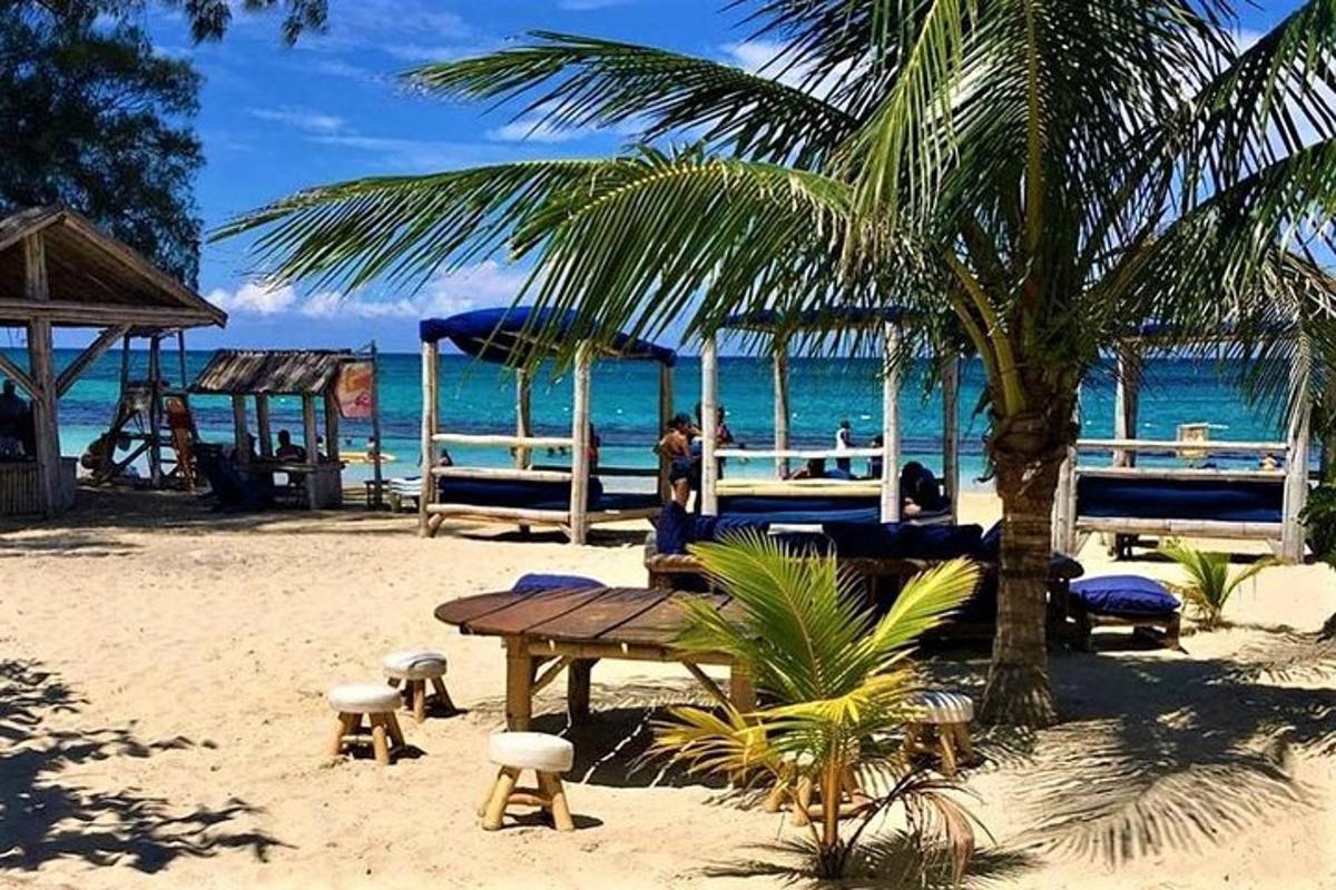 egy strand egy fából készült asztallal és egy pálmafával