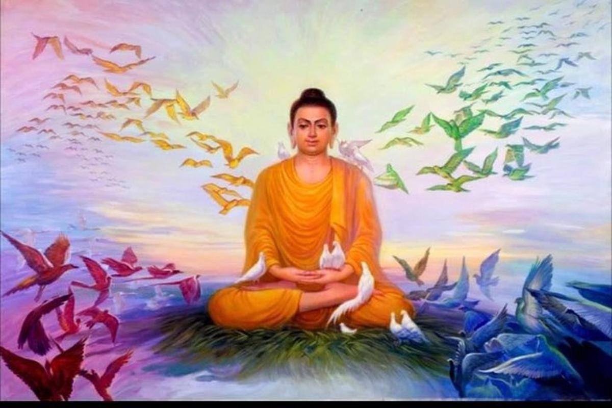 lukisan seorang wanita dalam meditasi dengan sekawanan burung
