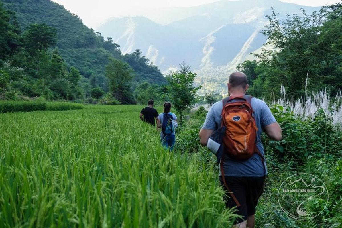 um homem com uma mochila laranja caminhando por um campo