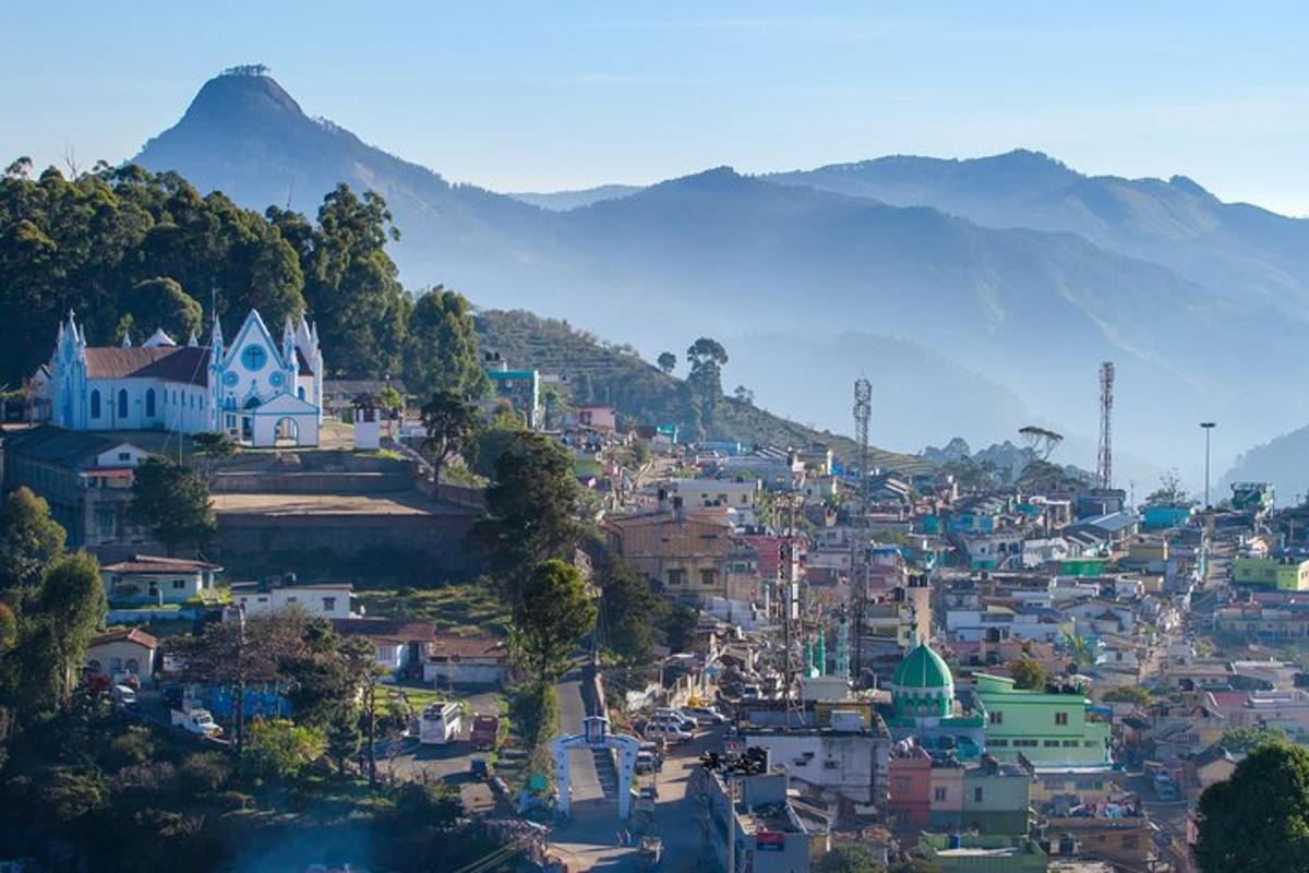 a view of a city with mountains in the background