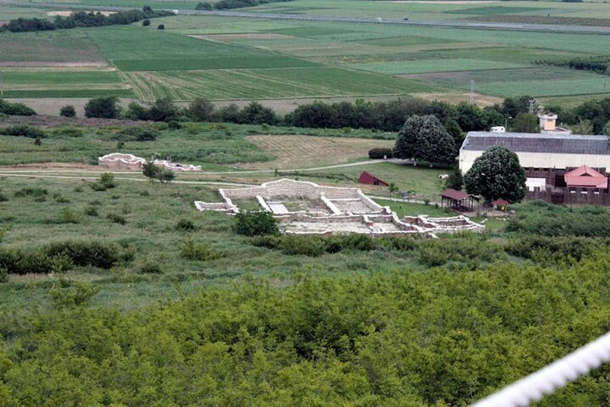 an aerial view of a farm with a group of chairs